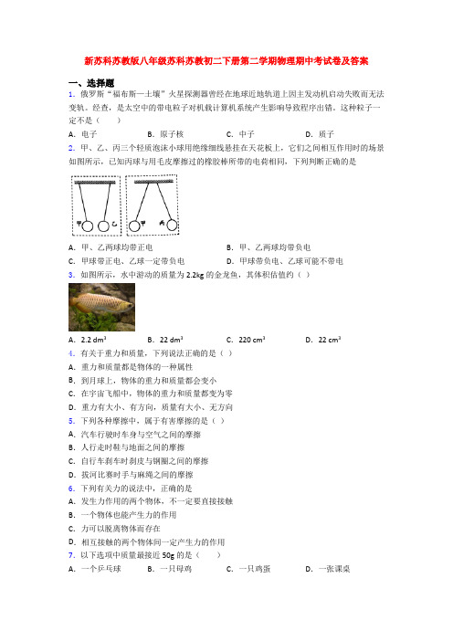 新苏科苏教版八年级苏科苏教初二下册第二学期物理期中考试卷及答案