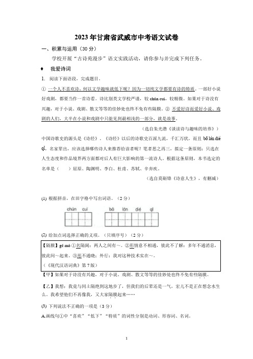 2023年甘肃省武威市中考语文试卷(含答案)