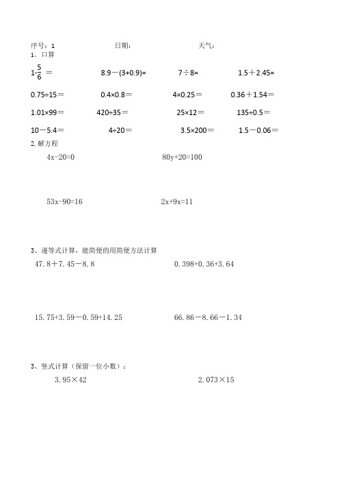 5年级暑假数学天天练(口算速算方程竖式合集)-30套题打印版