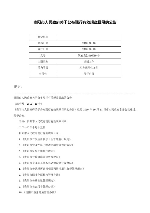 贵阳市人民政府关于公布现行有效规章目录的公告-筑府发[2010]69号