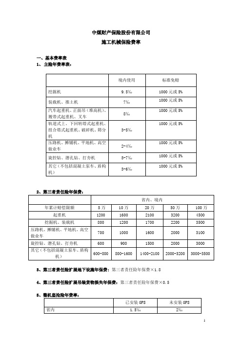 中煤财险施工机械保险费率(定)