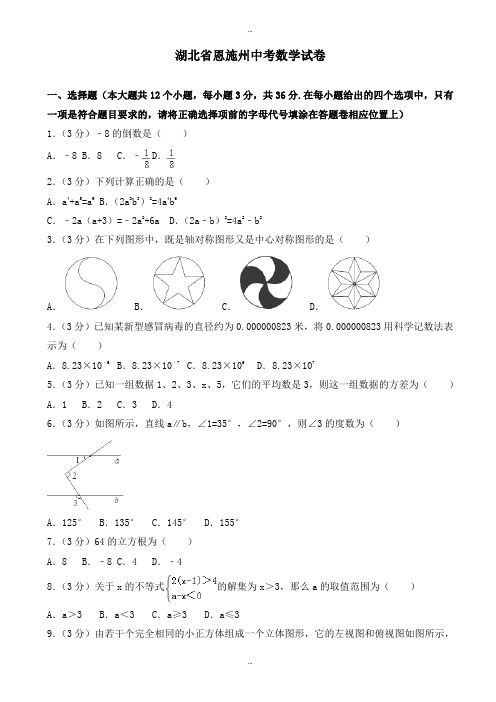 2019-2020学年湖北省恩施州中考数学模拟试题(有标准答案)(word版)