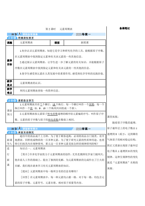 2024-2025学年初中化学九年级上册(人教版)第2课时元素周期表(导学案)