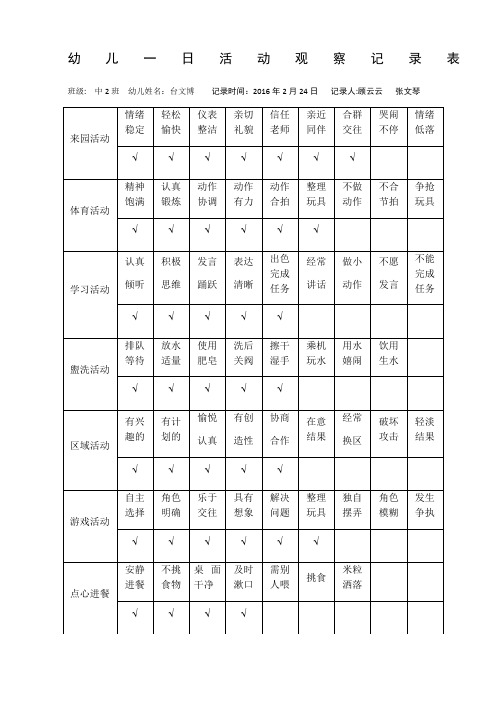 中二班幼儿一日活动观察记录表