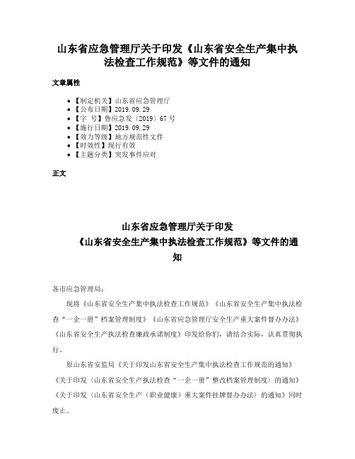 山东省应急管理厅关于印发《山东省安全生产集中执法检查工作规范》等文件的通知