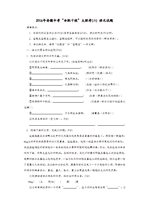 安徽省2016年中考语文“合肥十校”大联考试题(二)