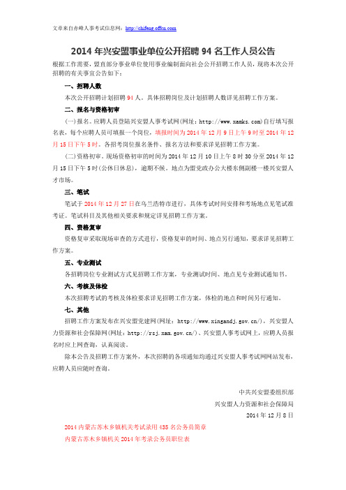2014年兴安盟事业单位公开招聘94名工作人员公告