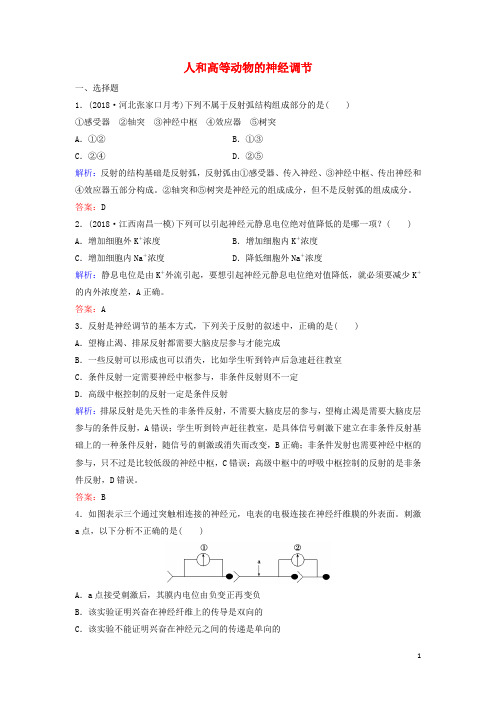 (新课标)2020高考生物一轮总复习第8单元第2讲人和高等动物的神经调节课时作业(含解析)