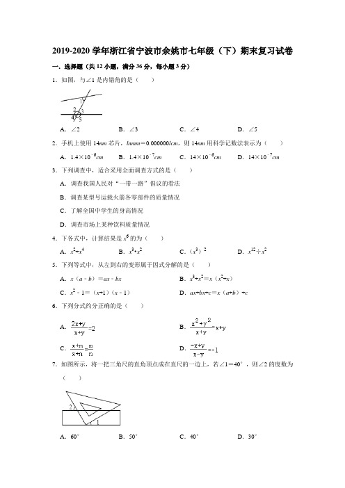 2019-2020学年浙江省宁波市余姚市七年级(下)期末复习试卷