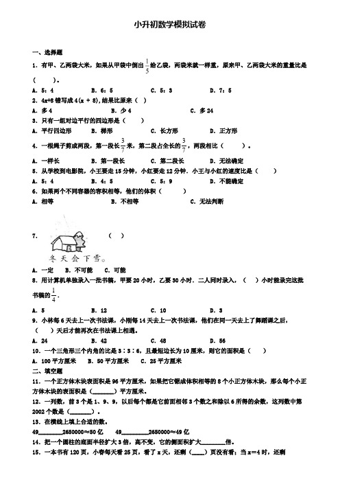 ★试卷4份集锦★2022届陕西省商洛市小升初检测模拟试题