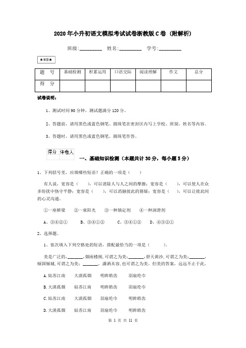 2020年小升初语文模拟考试试卷浙教版C卷 (附解析)