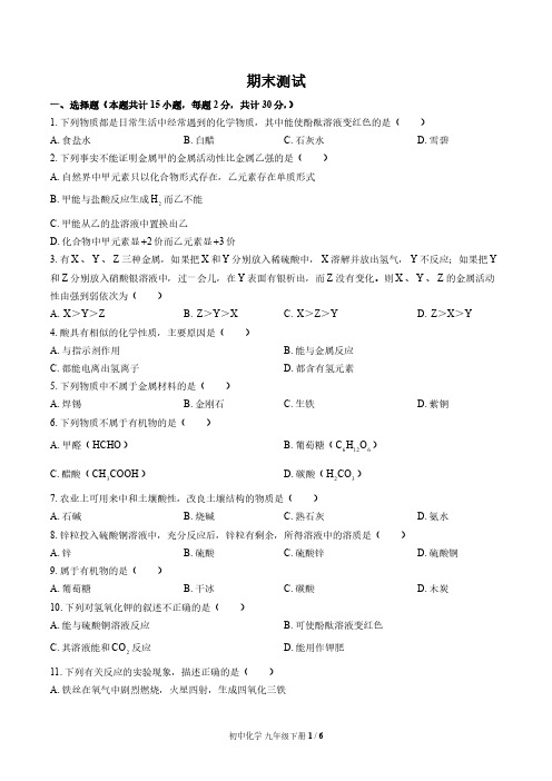 鲁教版初中化学九年级下册期末测试试卷-含答案01