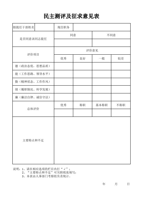 民主测评及征求意见表(样表)