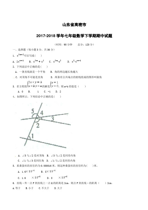 山东省高密市2017_2018学年七年级数学下学期期中试题新人教版(附答案)