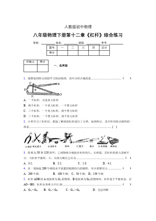 (中考)物理《杠杆》专项模拟练习(含答案) (380).pdf