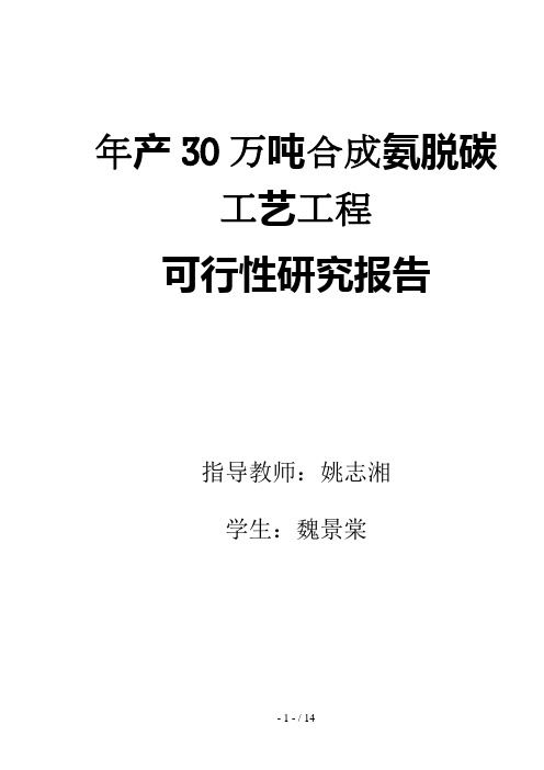 产万吨合成氨脱碳工段工艺设计方案