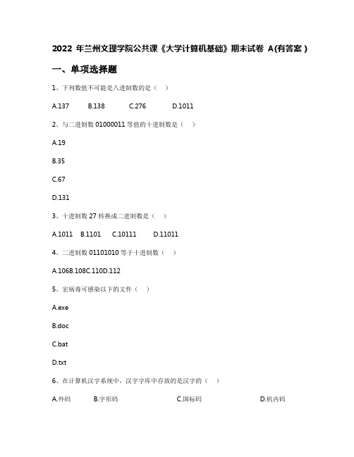 2022年兰州文理学院公共课《大学计算机基础》期末试卷A(有答案)