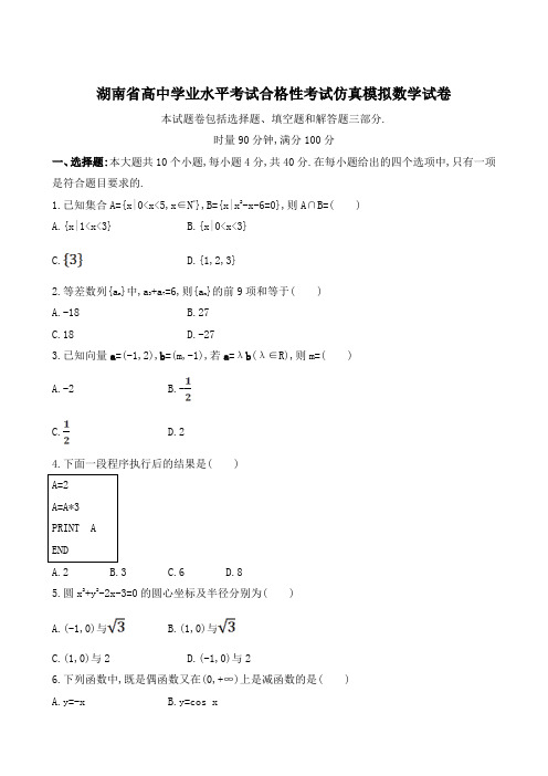 2021年湖南省高中学业水平考试合格性考试仿真模拟数学试卷