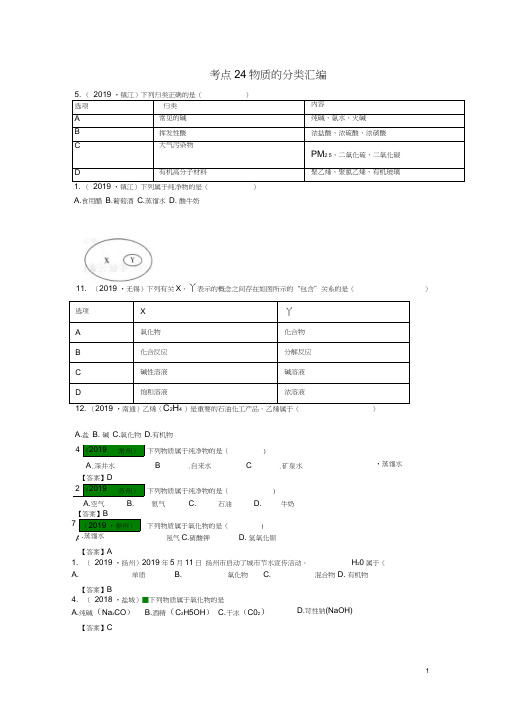 2017—2019年江苏省中考化学试题分类汇编：考点24物质的分类汇编：(含解析)