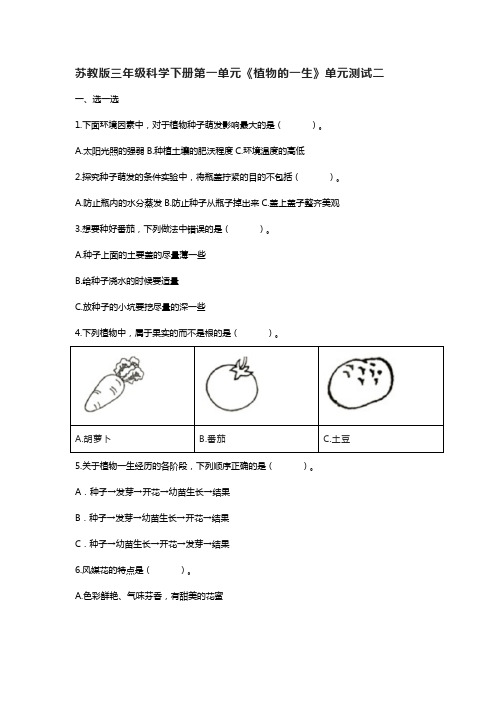 苏教版三年级科学下册第一单元《植物的一生》单元测试二