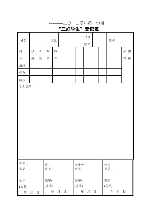 中学学校期末各类评优表格