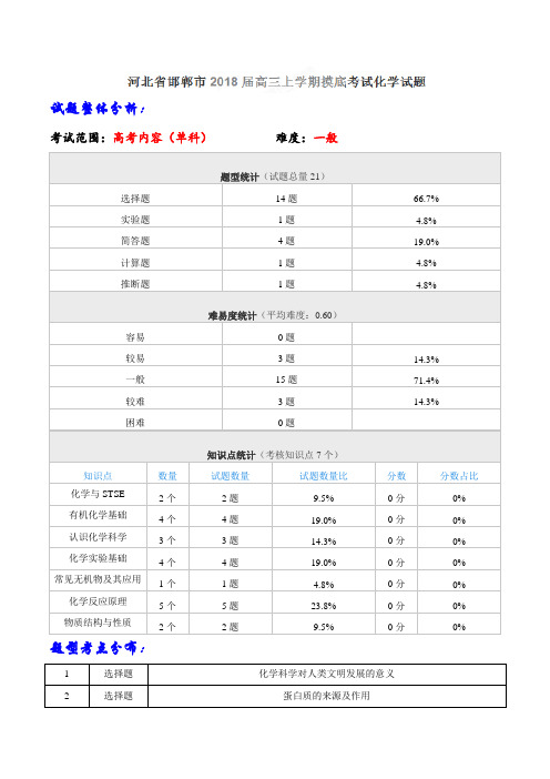 【全国大联考】【河北(新课标Ⅰ)】河北省邯郸市2018届高三上学期摸底考试化学试题(解析版)