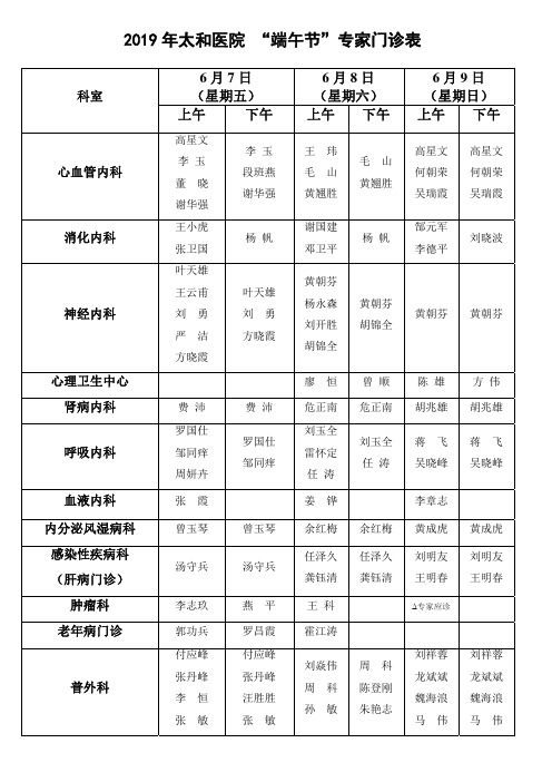 2019年太和医院端午节专家门诊表