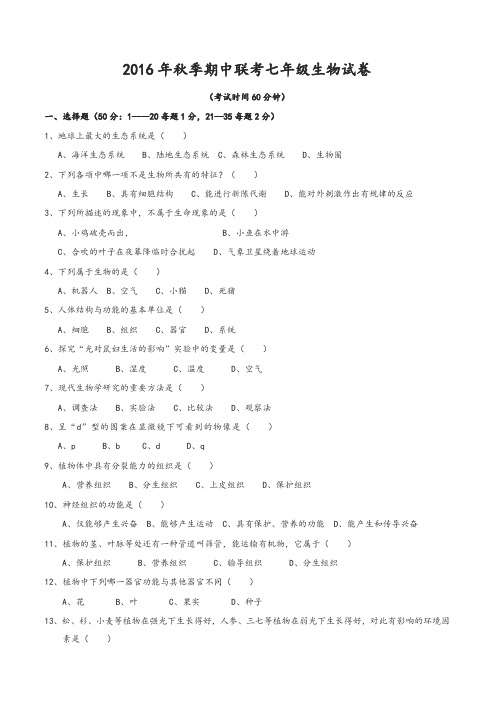 福建省泉州市感片区七年级上学期期末考试生物试题人教版-精编