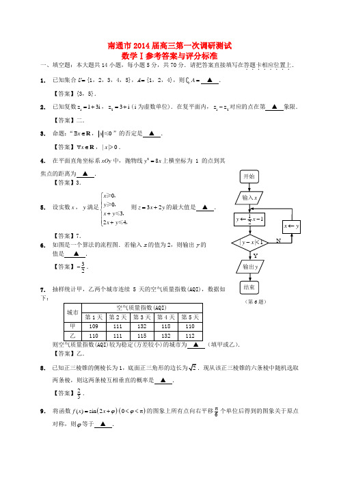 江苏省南通市2014届高三数学第一次调研测试试题苏教版