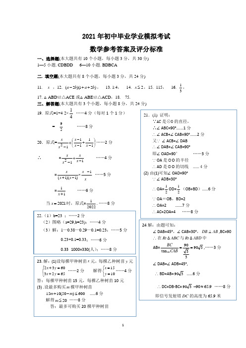 2021年湖南省邵阳市邵阳县初中毕业学业模拟考试数学答案