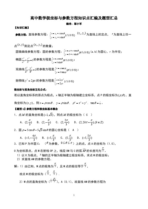 ((完整版))高中数学极坐标与参数方程知识汇编及高考题型汇总,推荐文档