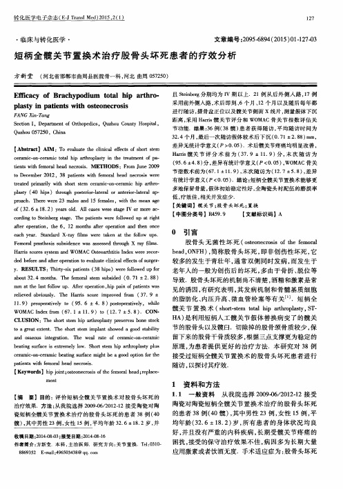 短柄全髋关节置换术治疗股骨头坏死患者的疗效分析