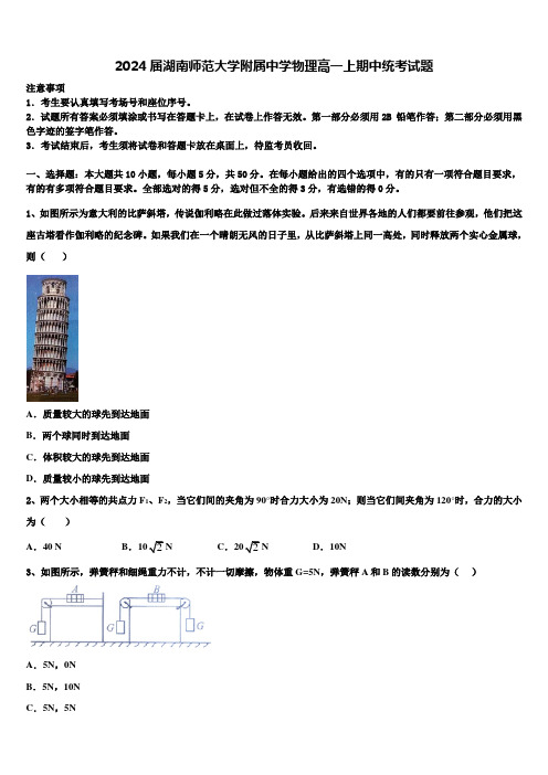 2024届湖南师范大学附属中学物理高一上期中统考试题含解析