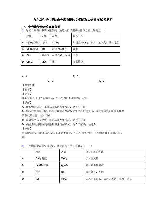 九年级化学化学除杂分离和提纯专项训练100(附答案)及解析