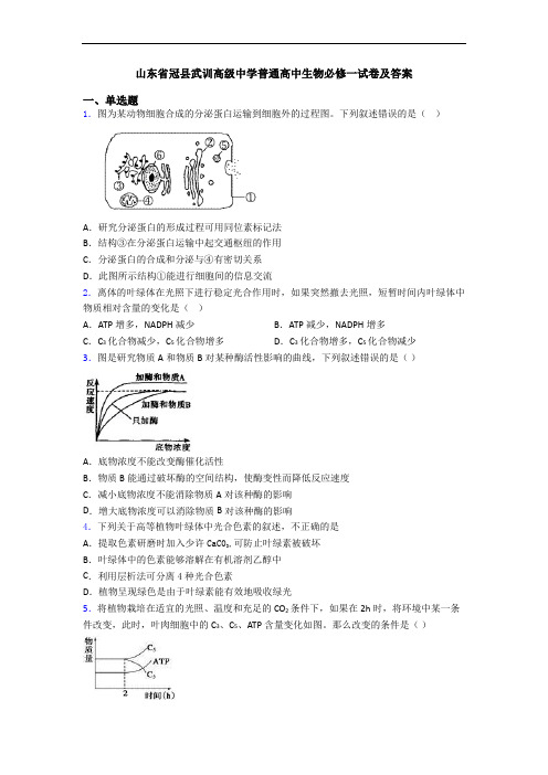 山东省冠县武训高级中学普通高中生物必修一试卷及答案