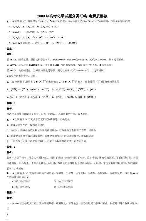 2009年高考化学试题分类汇编电解质溶液