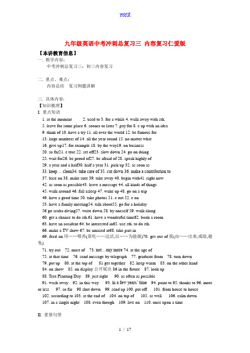 九年级英语中考冲刺总复习三 内容复习仁爱版