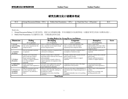 研究生跨文化口语考试评分表(务必双面打印)