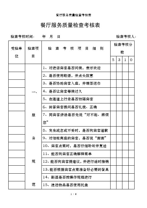 餐厅服务质量检查考核表