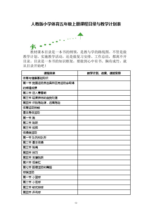 人教版小学体育五年级上册课程目录与教学计划表