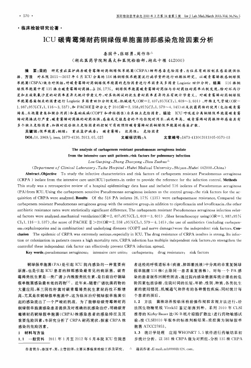 ICU碳青霉烯耐药铜绿假单胞菌肺部感染危险因素分析