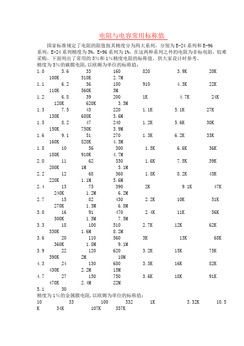 电阻与电容常用标称值