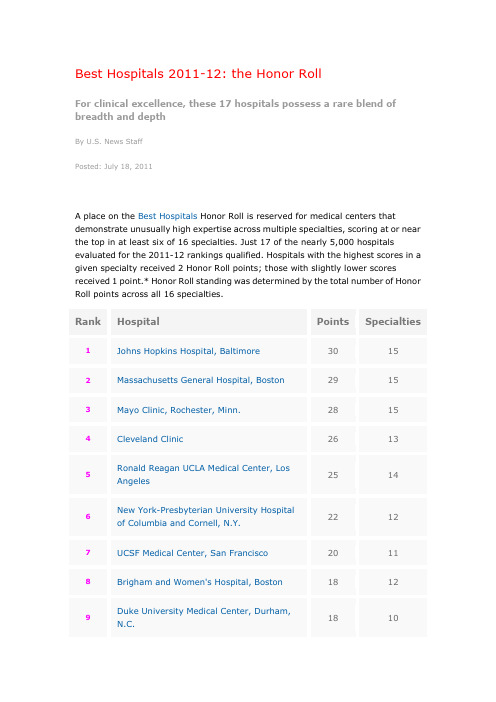 美国最好医院及分专业最好医院排名 Best Hospitals 2011-12 the Honor Roll