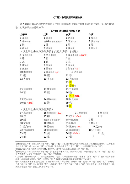 《广韵》独用同用四声配合表