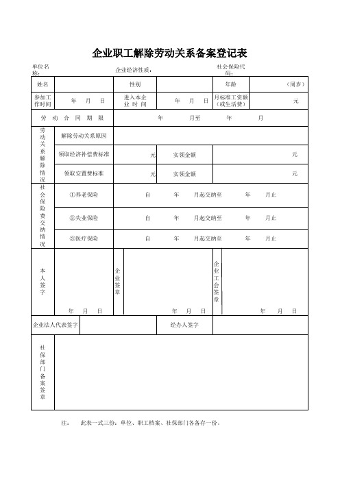 企业职工解除劳动关系备案登记表