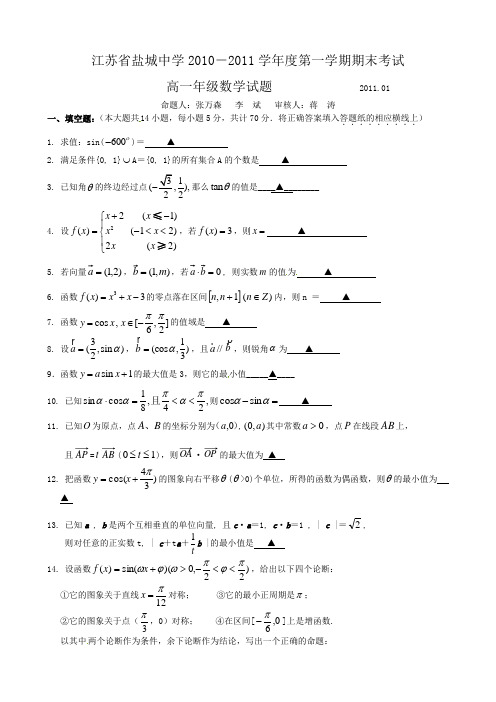 江苏省盐城中学10-11学年高一上学期期末考试(数学)