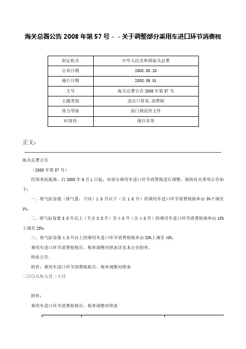 海关总署公告2008年第57号－－关于调整部分乘用车进口环节消费税-海关总署公告2008年第57号