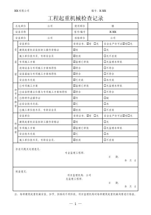 工程起重机械检查记录特种设备作业安全检查记录表