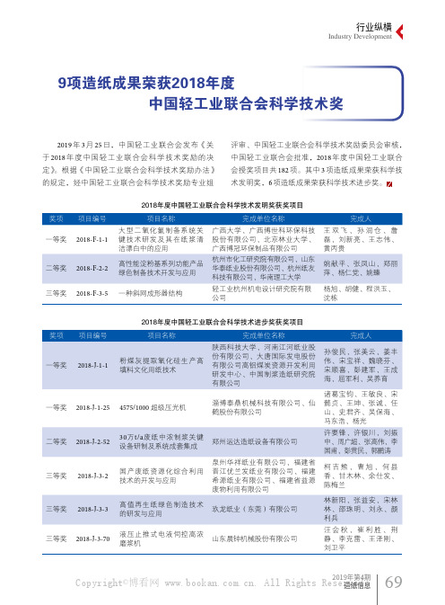 9项造纸成果荣获2018年度中国轻工业联合会科学技术奖