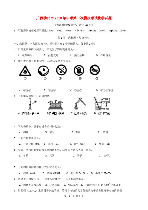 广西柳州市2018年中考第一次模拟考试化学试题及答案